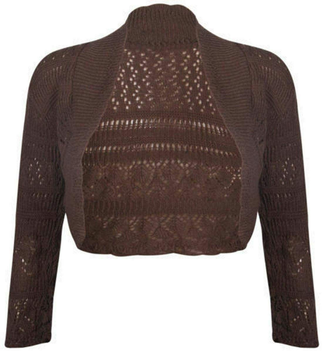 Fashion's island Ladies Crochet Knitted Open Front Bolero Shrug Womens Long Sleeve Crop Cardigan Brown