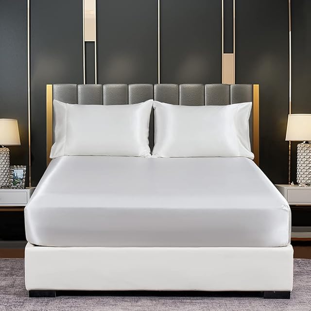JHCHMX Satin Double White Fitted Sheet ,Deep Pocket Silkly Double Bed Sheet,Soft Satin& Wrinkle Resistant Fitted Bed Sheet White Double 135x190cm