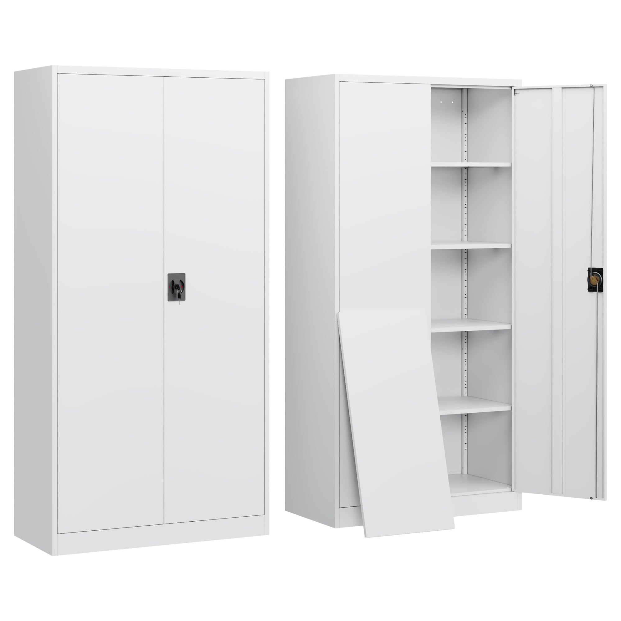 Yizosh Metal Garage Storage Cabinet with Lock, 71" Locking Tool Cabinet with 2 Doors and 5 Shelves, Heavy Duty for Garage, Office, School (White)