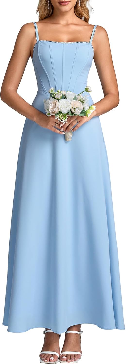 Auraxe Floral Corset Maxi Wedding Guest Dresses for Women Summer Casual Spaghetti Strap Flowy A Line Tea Party Sun Dress