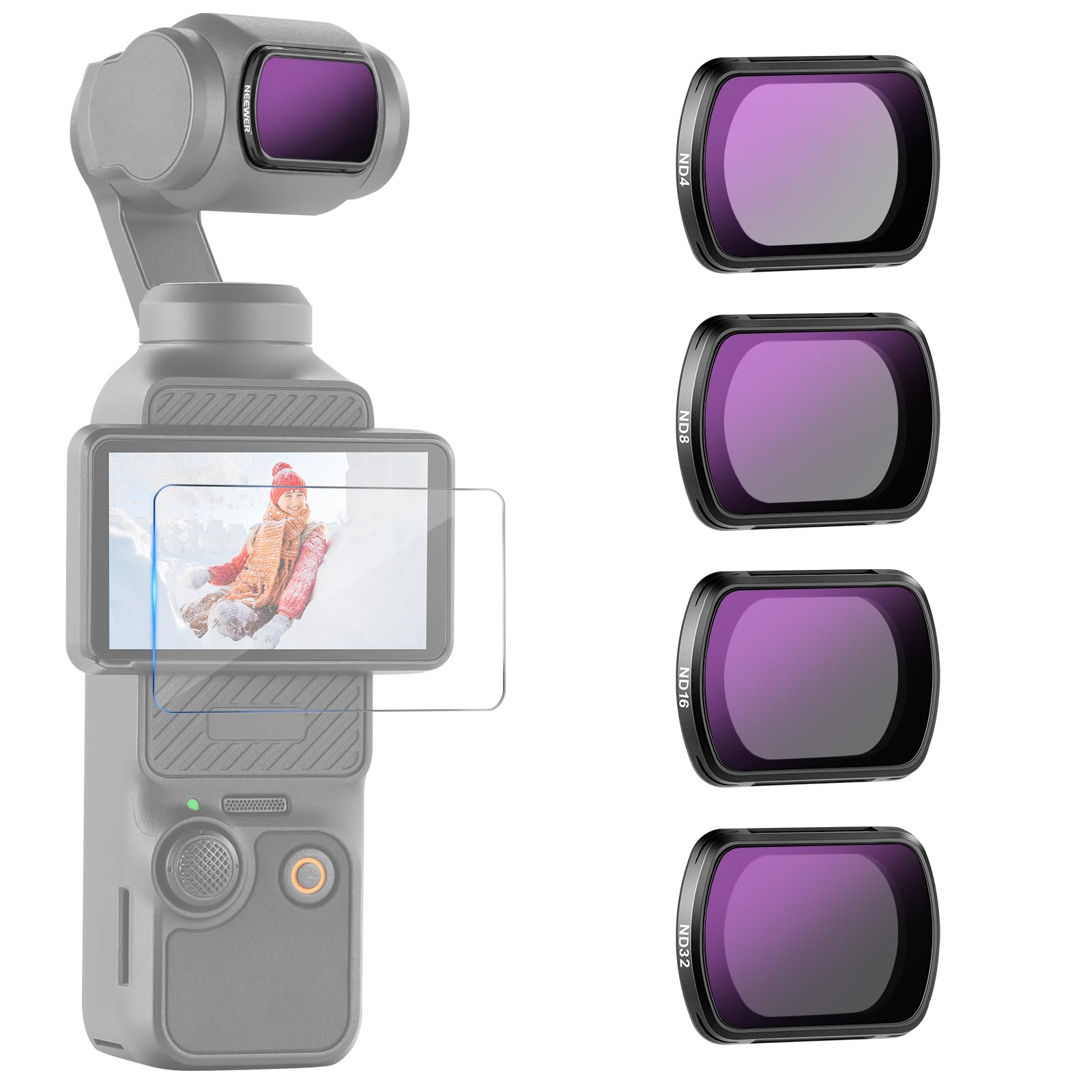 NEEWER ND Filter Kit for Pocket 3 (4 Pack), ND4 ND8 ND16 ND32 Magnetic Neutral Density Filter Accessories Set with Multicoated HD Optical Glass Compatible with DJI Osmo Pocket 3 Creator Combo, FL-B02