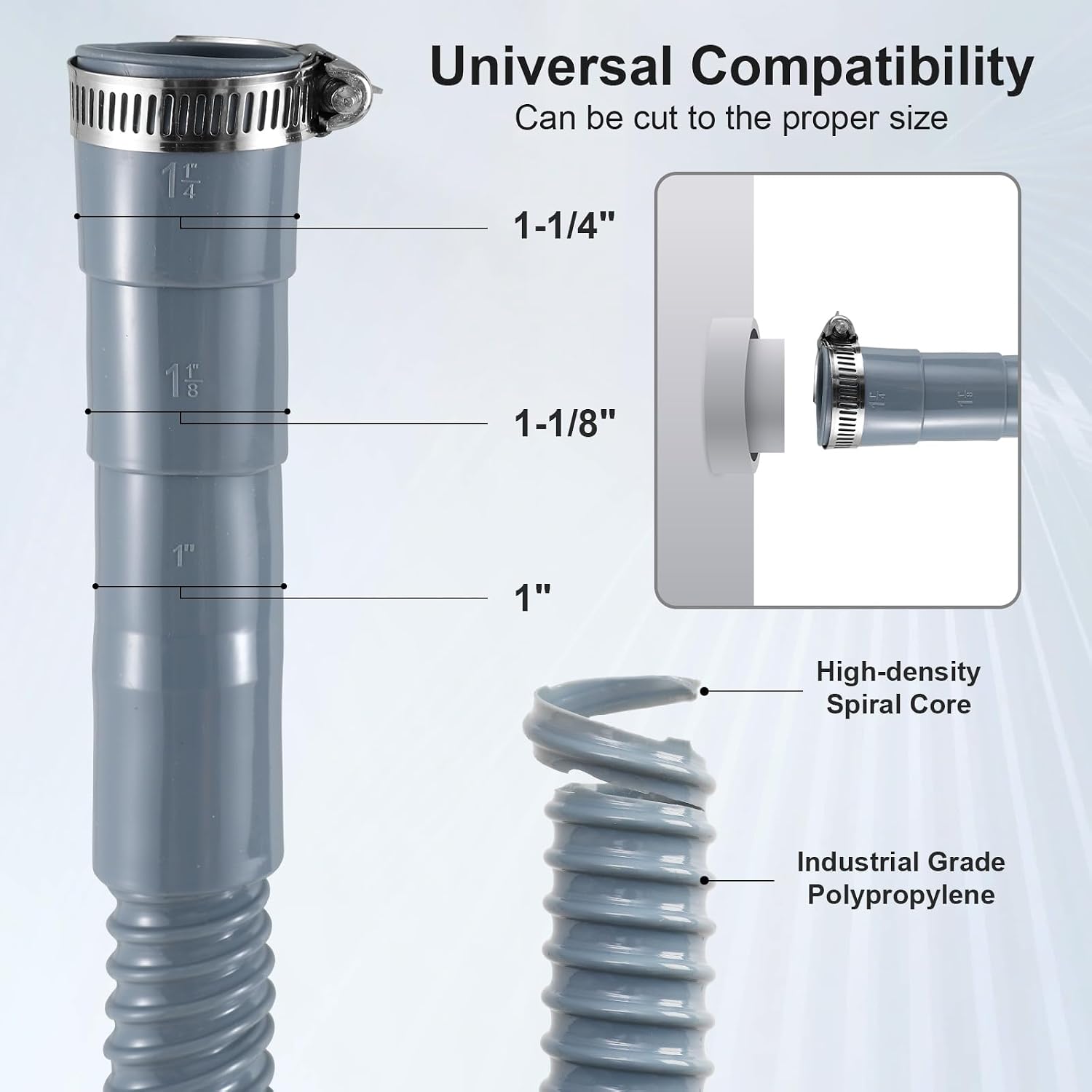 Elyfree Universal Washing Machine Drain Hose, 8ft Corrugated Flexible Washer Drain Hose, Discharge Hose Replacement for Whirlpool, GE, Kenmore, Installation Washer Hose Drain, Clamp and Hook Included