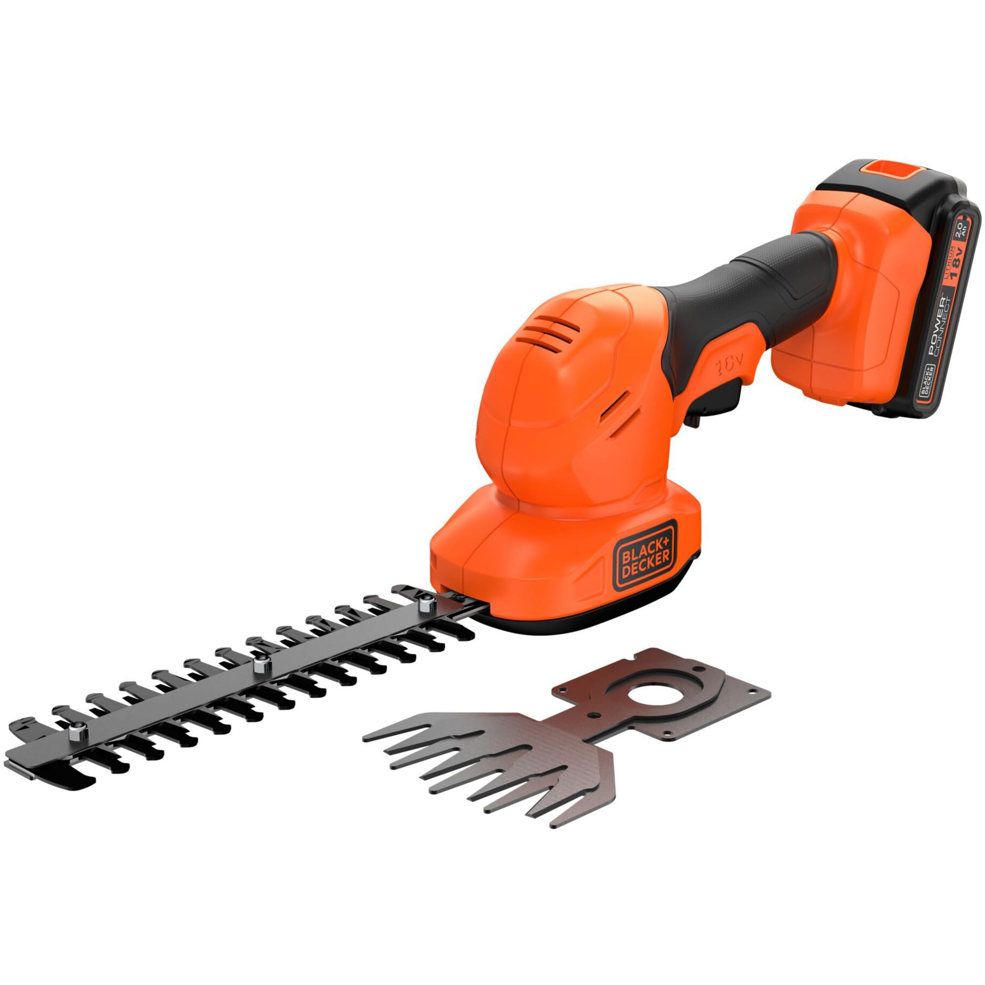 BLACK+DECKER Kit Tijera Cortacésped y Arreglasetos con Batería 18V 2Ah Litio, Cuchillas Intercambiables sin Herramientas, Autonomía 60min, Peso 840g, Incluye Cargador, BCSS18D1