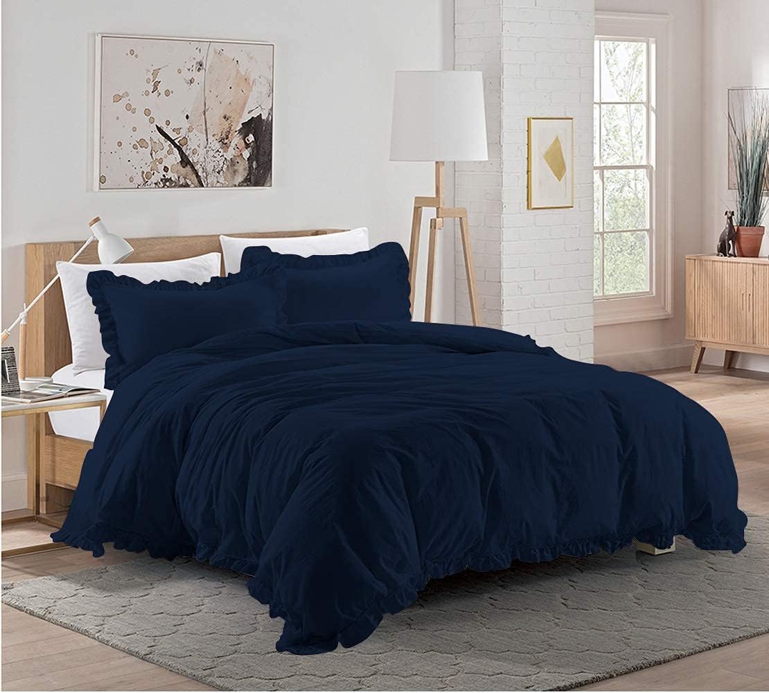3 PCs Frilled Ruffle Duvet Set Cotton 800 TC 1 Piece Frilled Duvet Cover with Corner Edge Ruffle Comforter Cover & 2 Pillowcase, Full/Queen, Navy Blue
