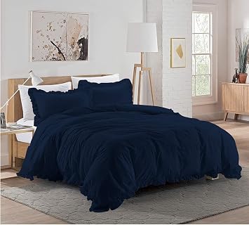 Ruffle Frilled 3 Piece Microfiber Duvet Cover Set1 pc Duvet Cover and 2 Pillowcases Corner Ties. Navy Blue Full Size 82 x 86