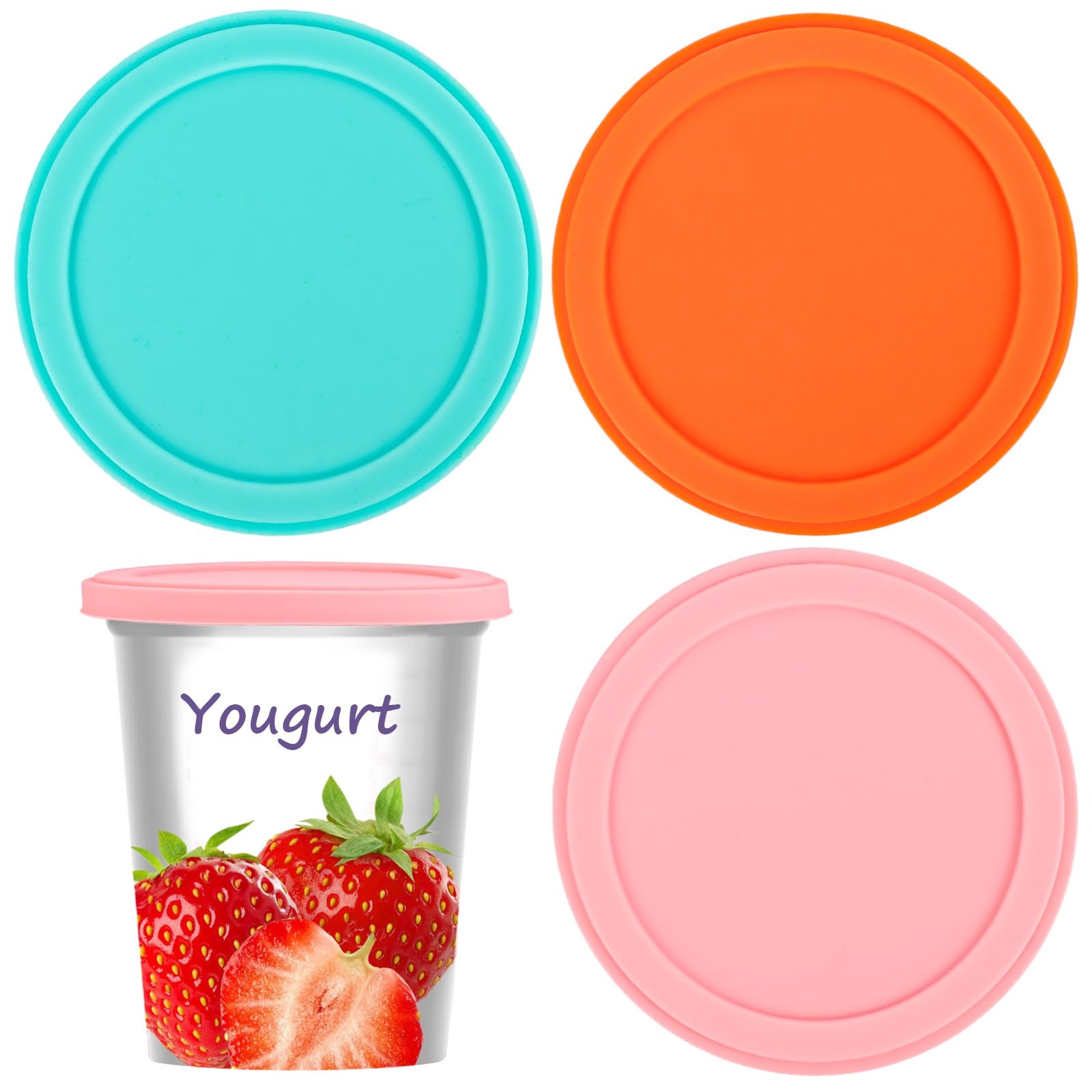 VMUTGA Set of 3 Silicone Lids for Yoghurt Cups, Pink, Orange, Blue