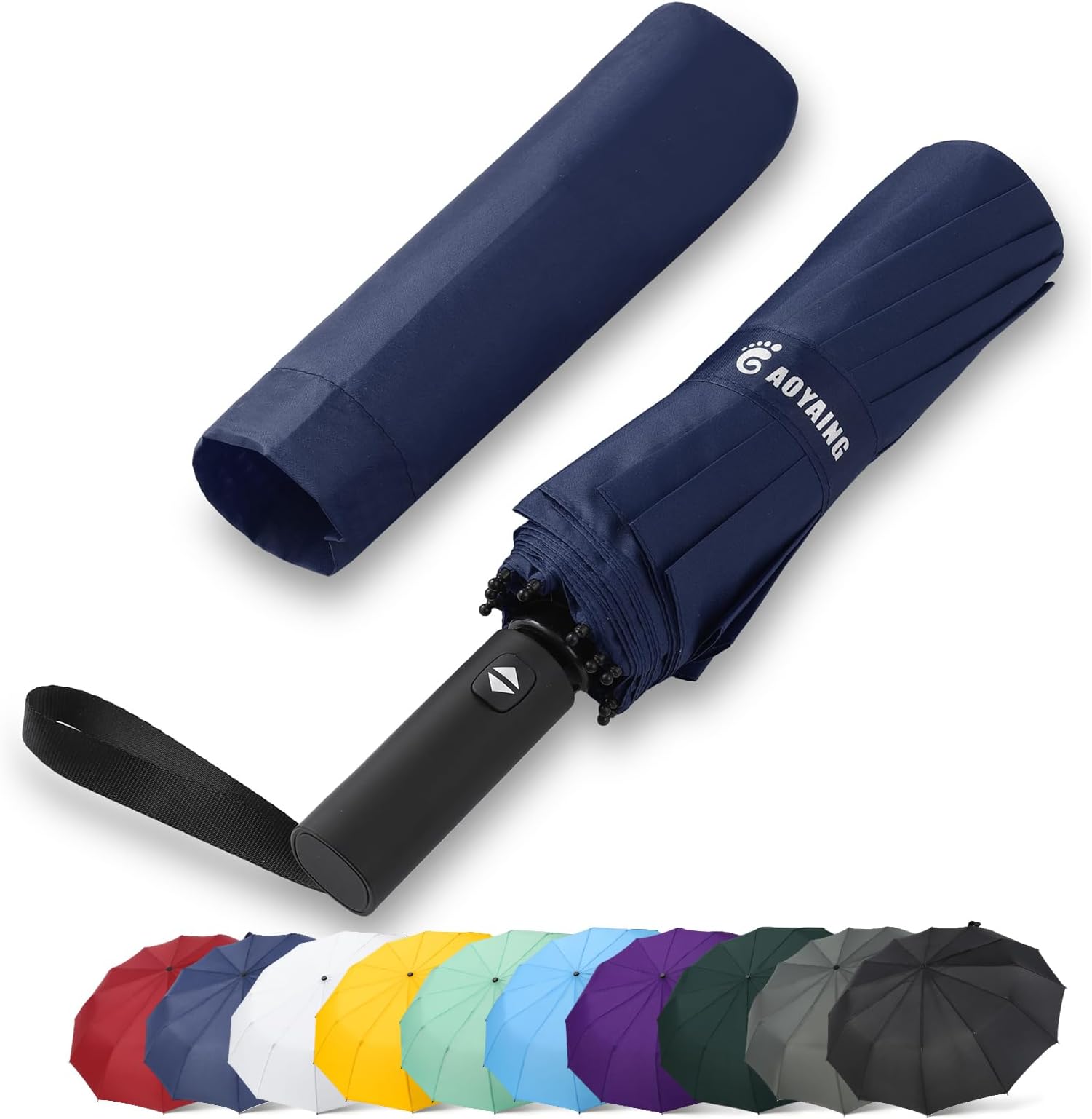 GAOYAING 46 Inch Large Automatic Travel Umbrella, 12 Ribs Windproof Design, Heavy Duty Strong 210T Pongee Fabric Folding Umbrella with Sleeve, Navy Blue