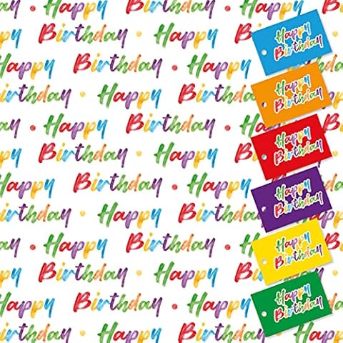 Happy Birthday Wrapping Paper. 5 XL Sheets (50 x 70cm). Gift Wrap with matching Tags. Cutting grid on reverse Cover