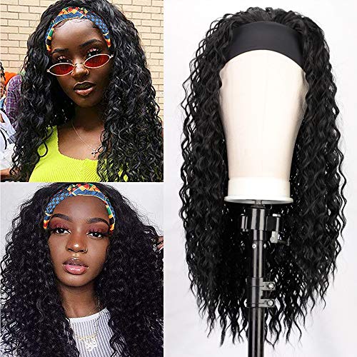 Lativ Headband Wrap Wig Long Curly Synthetic Black Wig Water Wave Kinky Curly Headband Wig Natural Looking Headband Attached Glueless Wigs for Women (Black, 24 Inch)