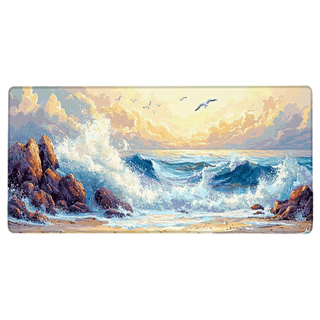 Podkładka pod mysz XXL Ocean - 1600x800x3mm - krajobraz Duża mata na biurko z przeszytymi krawędziami Wodoodporna antypoślizgowa do komputera, laptopa poprawia precyzję i szybkość. -36720