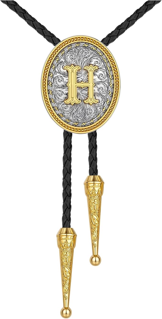 HUABOLA CALYN Bolo tie for Men, Western Cowboy Golden Alphabet Initial Letter ABCDJMR to Y Costume Bolo ties Neckties
