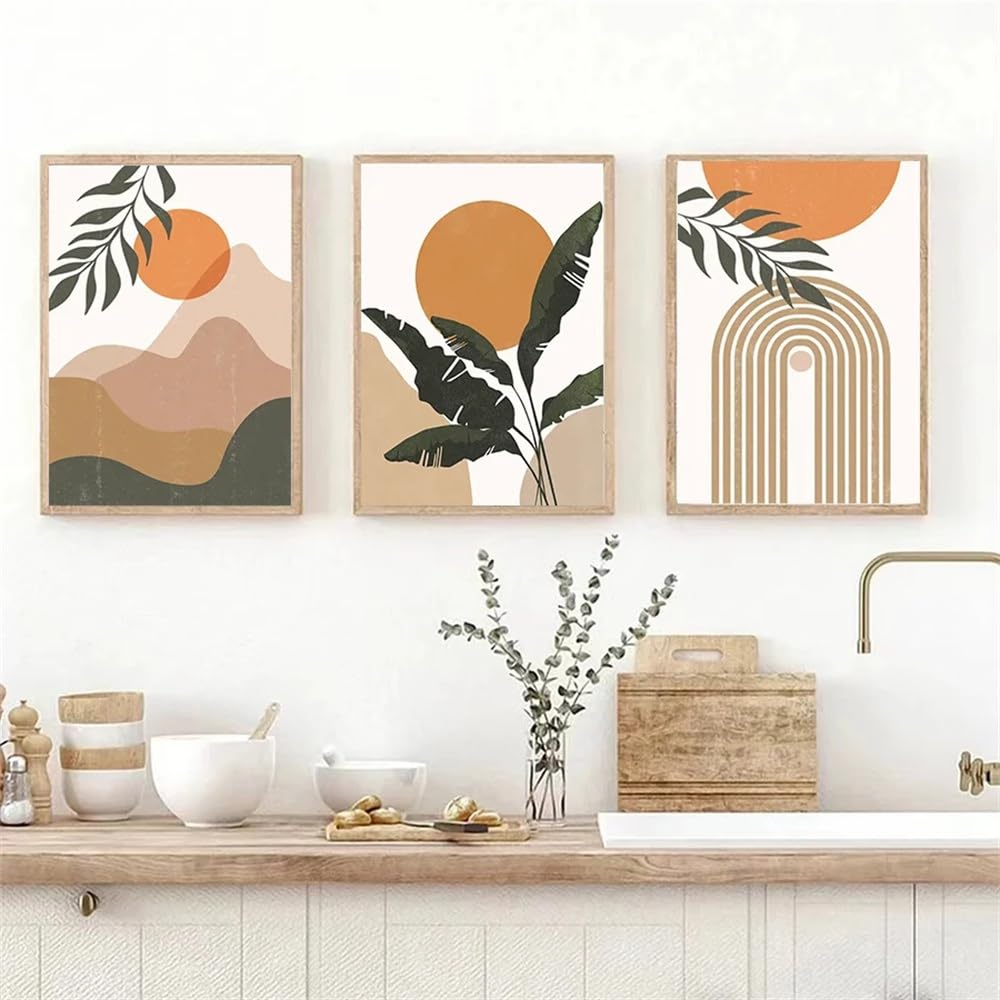 WUHBCZ Art Pictures-Abstract Sun Geometric Bohemian Botanical Art Canvas Painting Nordic Pictures for Living Kitchen Home Room Decoration Poster-50 * 70cm/3PCS (No Frame)
