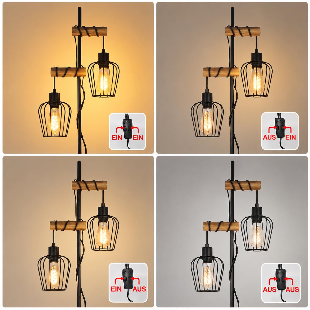 ZMH Stehlampe Wohnzimmer Holz Vintage Stehleuchte 2 flammig in Schwarz | Wohnzimmerlampe stehend im Industrial Design Metall Standleuchte E27 Standlampe für Schlafzimmer - ohne Leuchtmittel