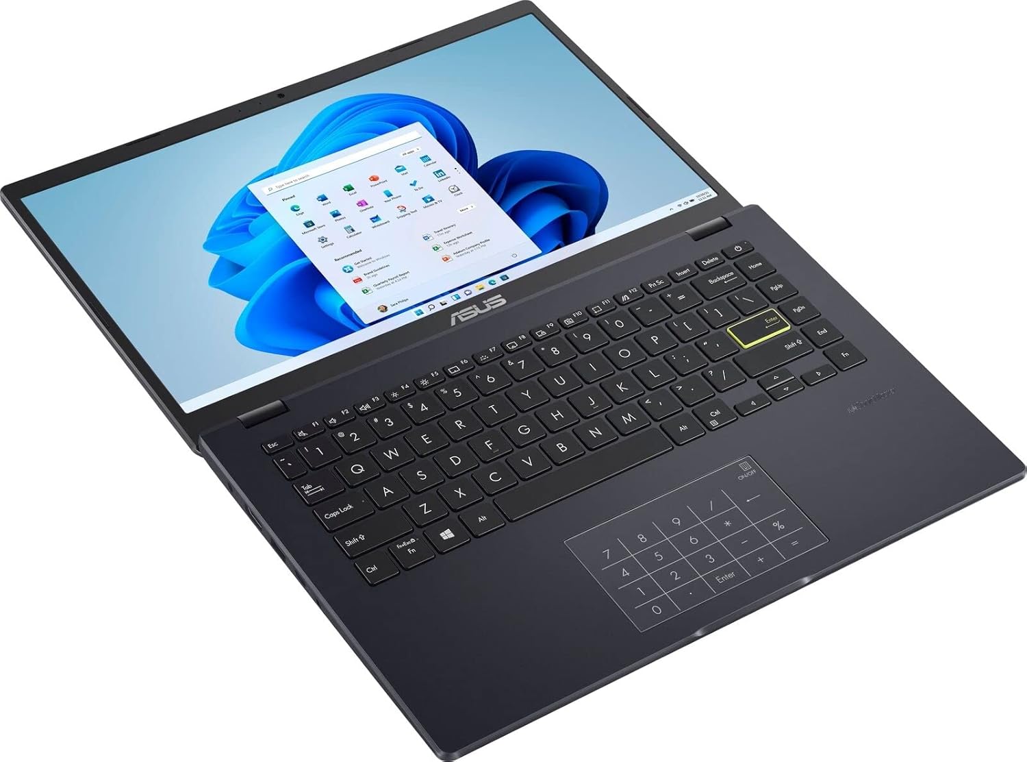 Úhlové view Notebook ASUS E410MA, otevřený, s klávesnicí a obrazovkou