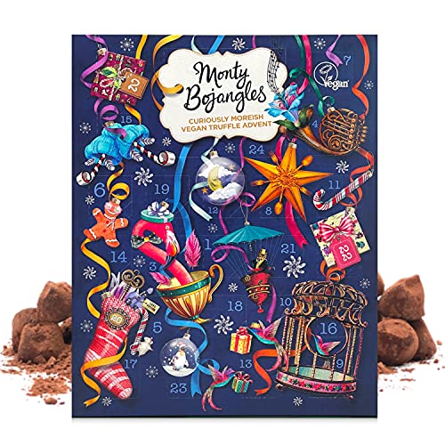 Monty Bojangles 2025 Adventskalender mit kakobestäubten, veganen Schokoladentrüffeln | 3 Geschmacksrichtungen – Caramel Haze, Cocoa Berry Blush, Cocoa Nib Nights | 235 g