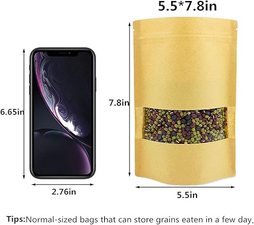 Vista 22 de 50 bolsas de papel kraft con ventana de pie, con sello Ziplock, bolsa de papel resellable grande para almacenamiento de alimentos, 1 oz, 3.5 x 5.5