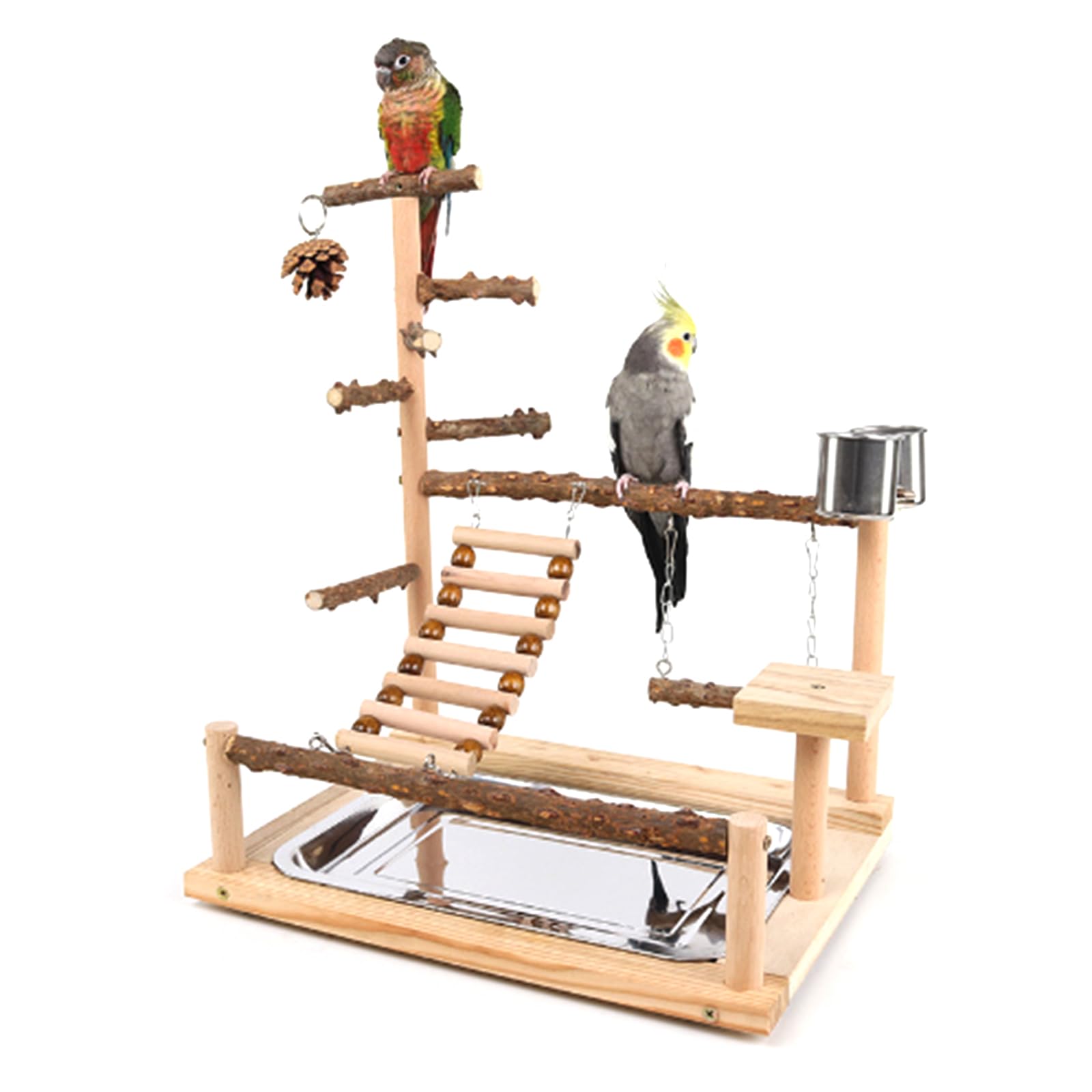Pet Parrot Playstand Pappagalli Uccello Uccello Gioca Stand Trespolo in Legno Scala con Piastra di Alimentazione in Acciaio
