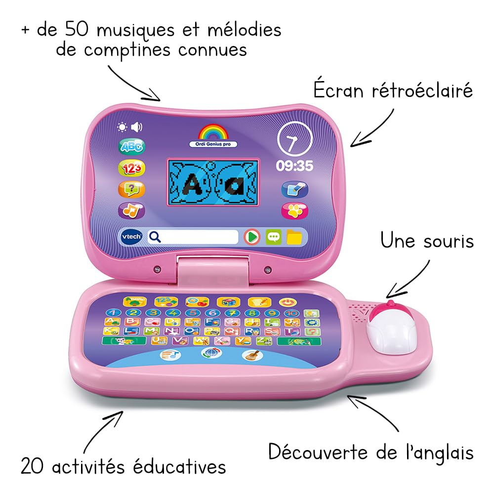 VTech - Ordi Genius Pro Rose, Ordinateur Portable Enfant avec Écran Rétroéclairé, Souris, 20 Jeux Évolutifs, Jouet Éducatif, Cadeau Enfant de 3 Ans à 7 Ans - Contenu en Français et Anglais