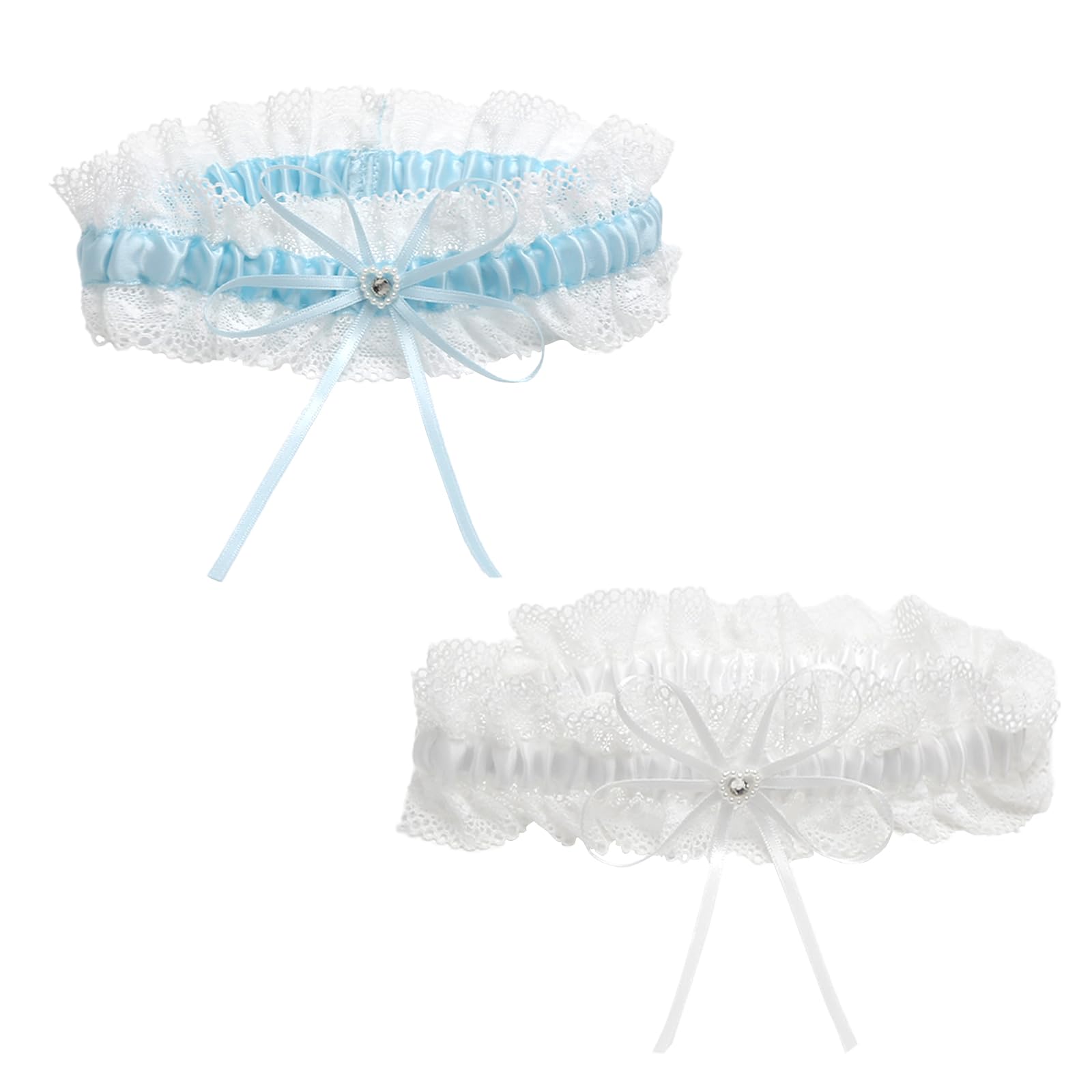 Strumpfband Hochzeit 2er Set Elegante Spitze mit Schleife und Strass elastisch & angenehm für Oberschenkel 33-66cm-Etwas Blaues für die Braut zur Hochzeit Strumpfband Blau für Wedding