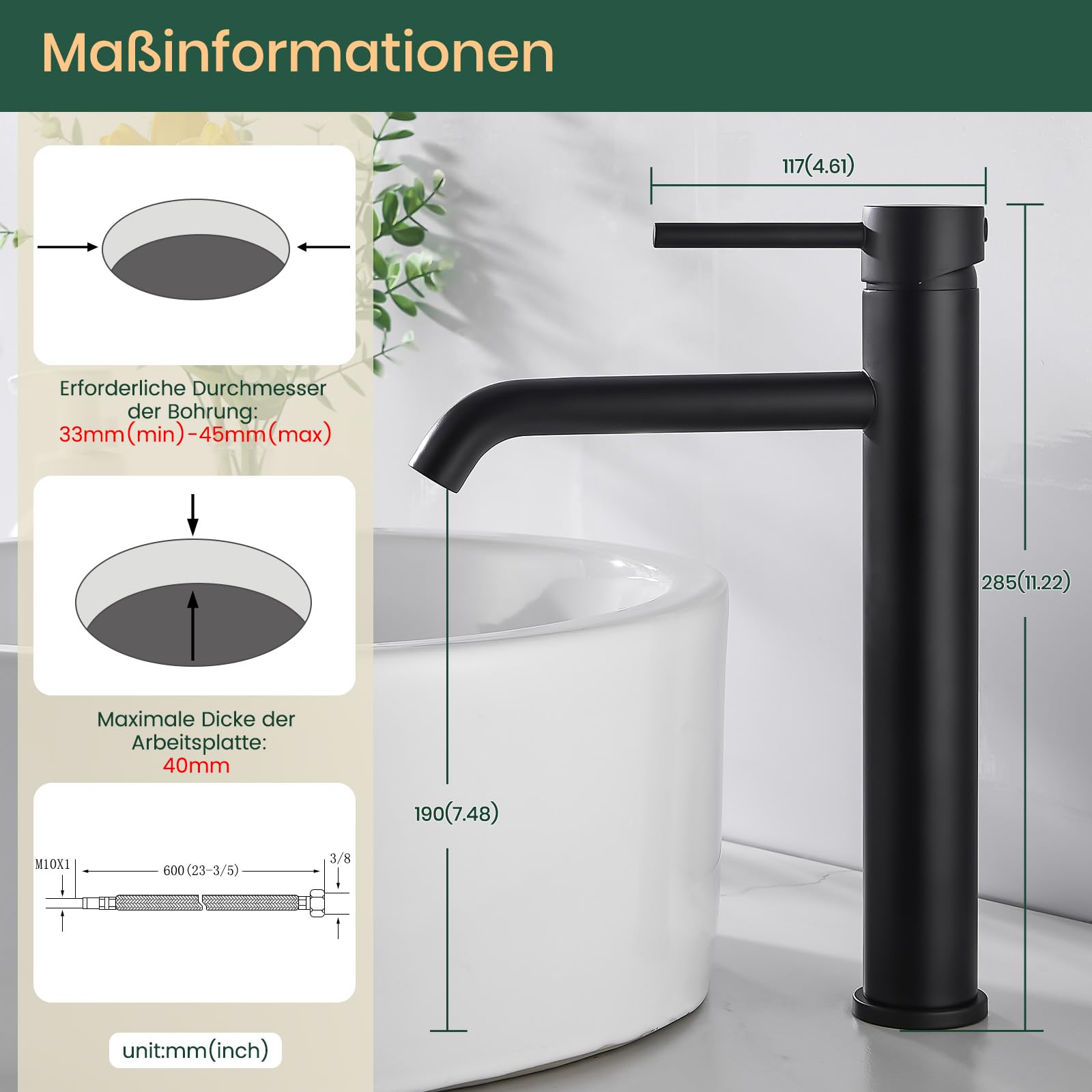 Nowoczesna bateria umywalkowa, bateria mieszająca jedną ręką, chrom, wysoka (28,5 cm, czarna)