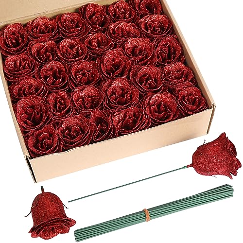 ICBOX Artificial Roses with Stems 30pcs Red Glitter Roses Silk Roses Artificial Flowers for Crafts Wedding Bouquet Home Decoration(Red)