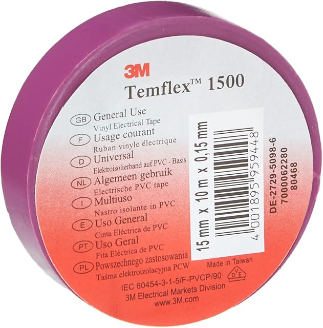 3 M TVIO1510 Temflex 1500 Vinyl Electrical Insulation Tape, 15 mm x 10 m Self Adhesive Disk Wallet Purple