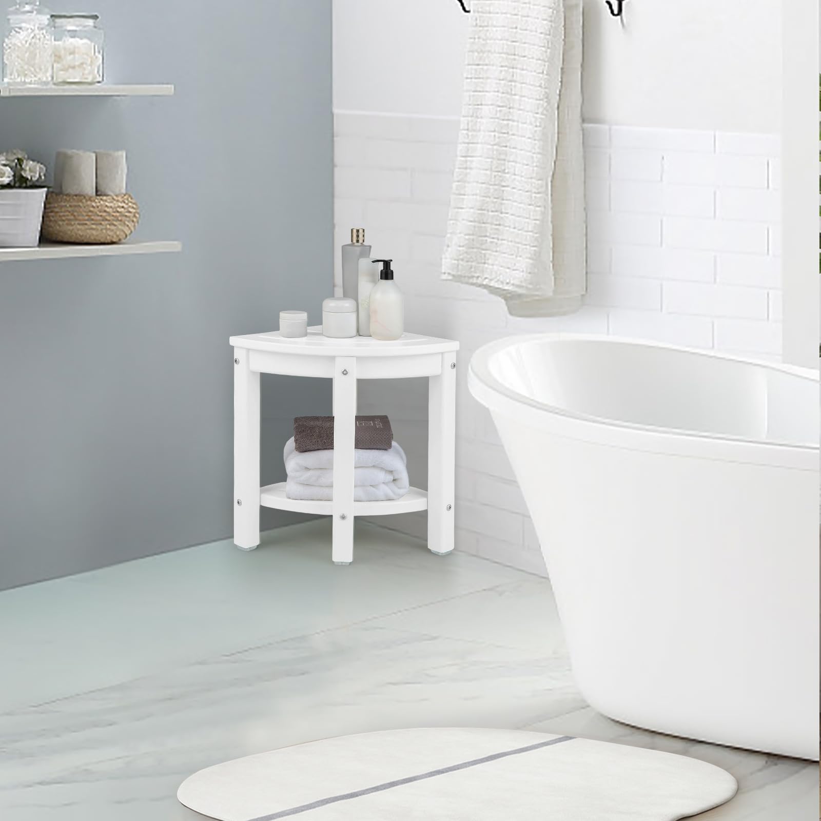 RELAX4LIFE Banco de Ducha Esquinero de 2 Niveles, Taburete de Ducha de HDPE con Estante, Reposapiés de Baño para Espacios Pequeños, Taburete de Ducha Impermeable, Carga 150 kg (Blanco)