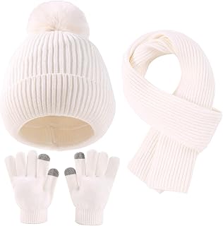 Juego de guantes para pantalla táctil, gorro de punto cálido con pompón, bufanda larga, calentador de manos
