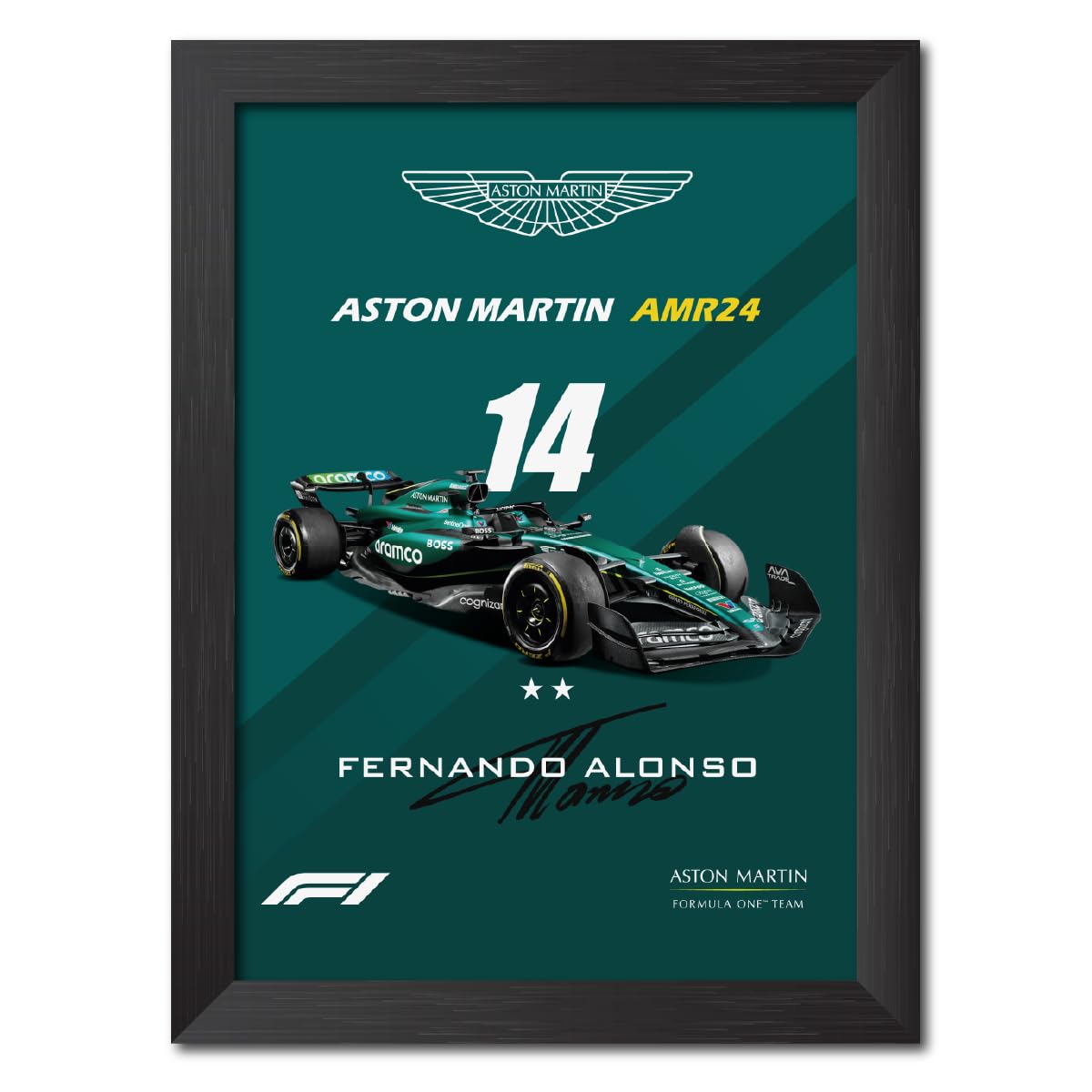TenorArts Fernando Alonso Poster Aston Martin AMR 38 Racing Car 2024 edition Formula One Photo Framed Painting With Black Wooden Textures (12inches x 9inches)