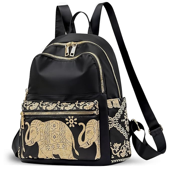 WomenÕs Stylish Backpack | Golden Elephant Print Travel, College & Office Bag | Spacious Shoulder Backpack Purse with Anti-Theft Back Pocket & Zipper Compartments-image-28