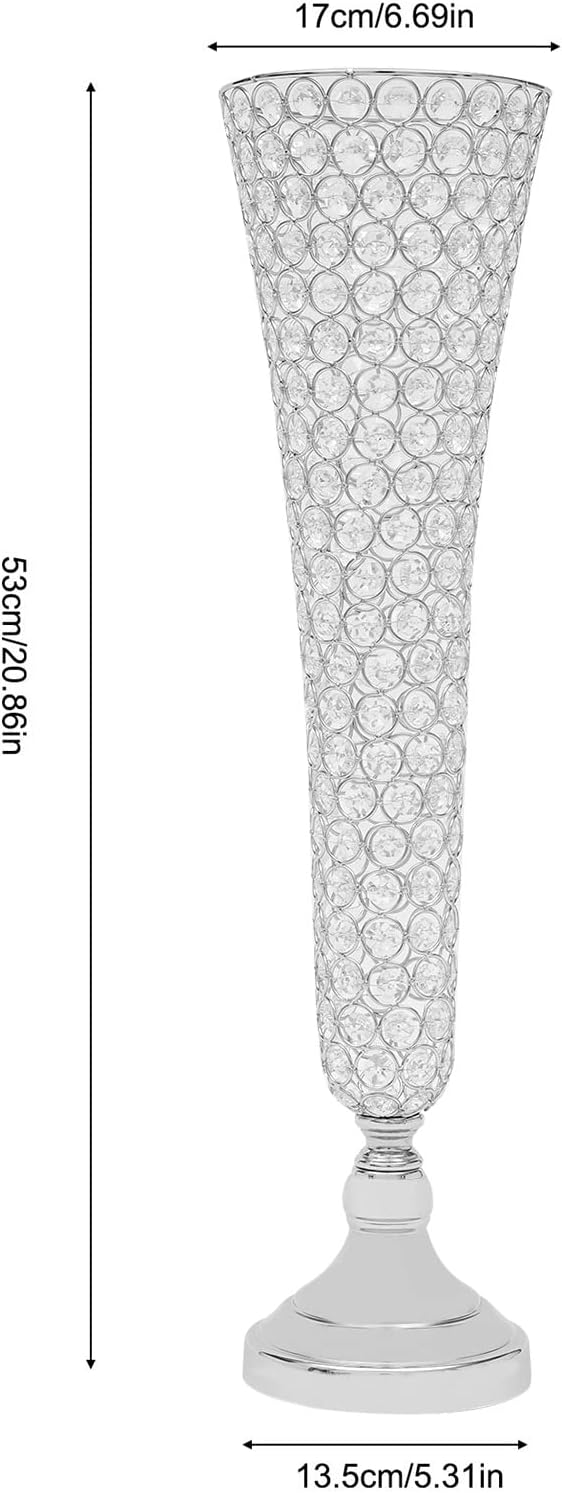 2 Pieces Crystal Trumpet Tall Vase, 20 inch Wedding Centerpiece Vase Iron Crystal Vase Table Decoration for Wedding Party Event Decoration, Silver