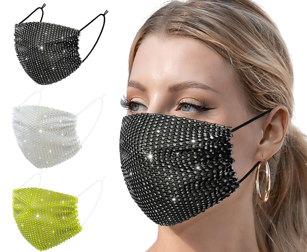 Auriviz 3 Pcs Multi Color Sparkling Sparkly Rhinestone Face Mask for Women Masquerade Glitter Bling Face Mask Christmas Party