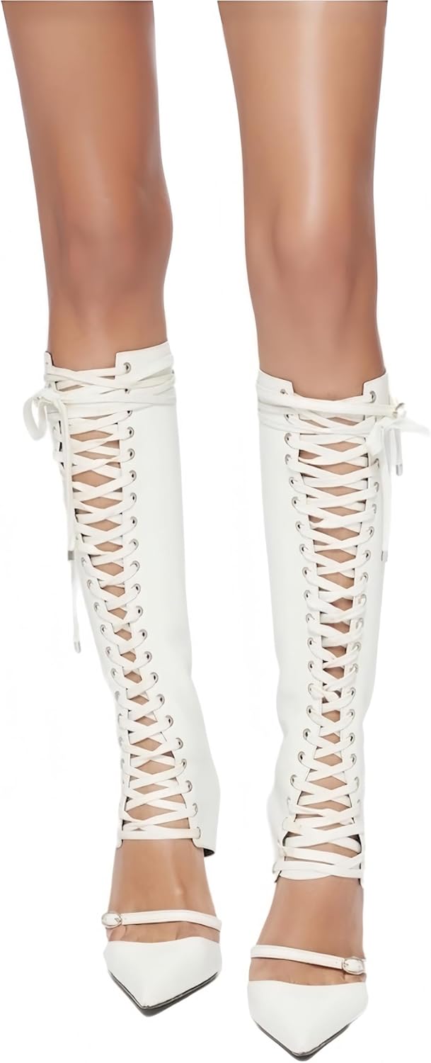 Elegant Lace Up Knee High Boots for Women Pointed Toe Stiletto High Heels with Side Zipper Spring Summer Cut-Out Knee Tall Boots