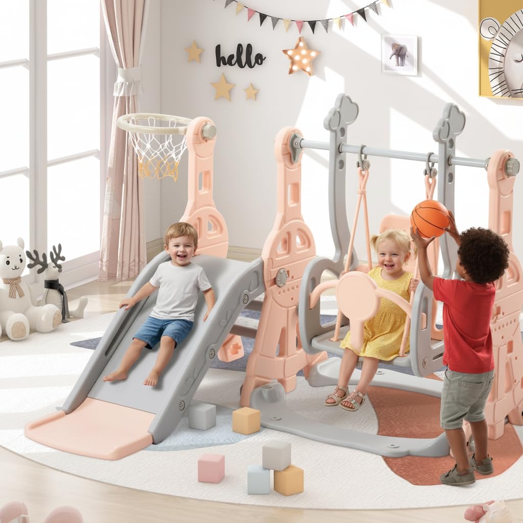 Tobogán 4 en 1 para bebé, tobogán para niños al aire libre interior con un columpio, un tobogán, una escalera y una cesta de baloncesto, columpio tobogán independiente (rosa)