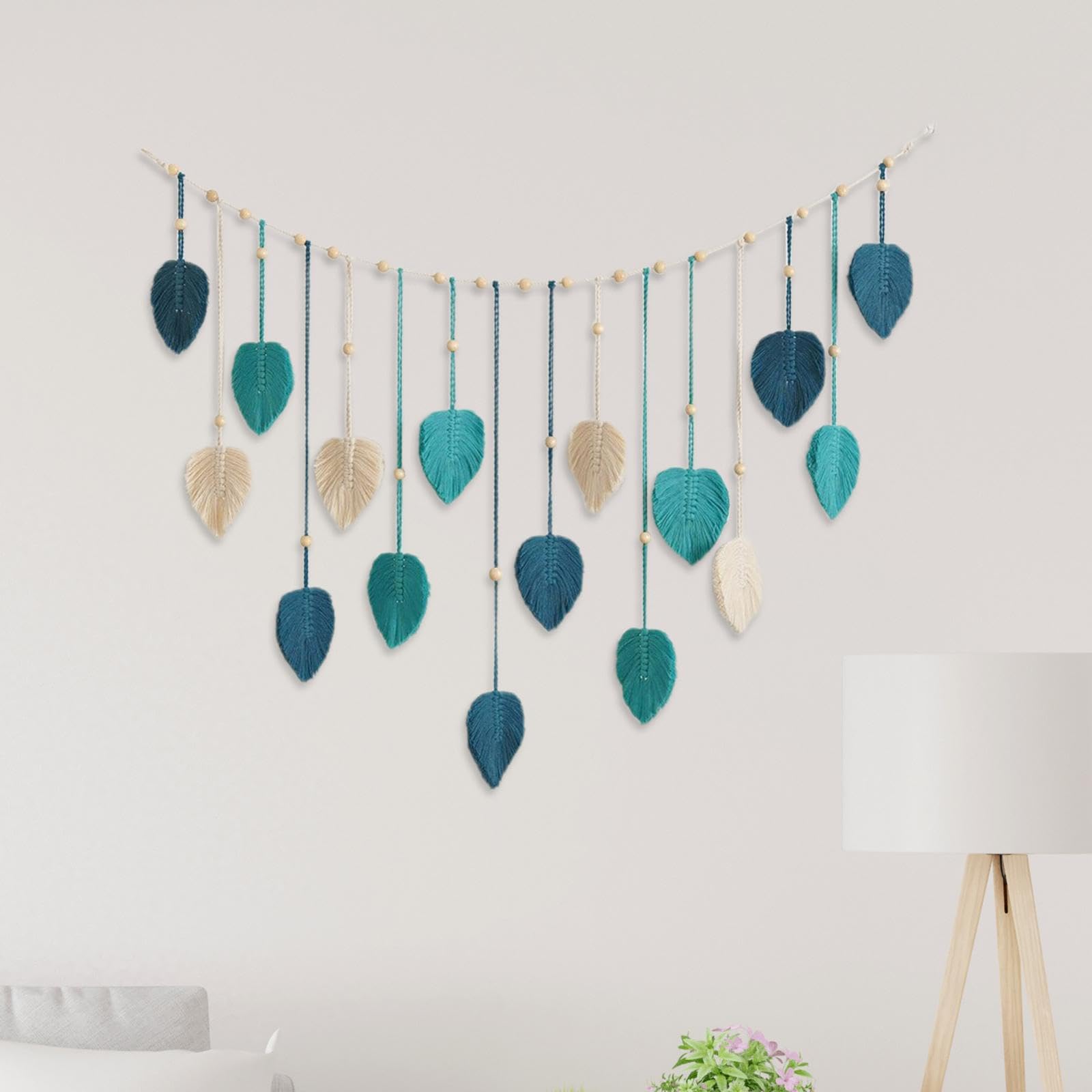 F Fityle Boho Makramee Wandbehang Blätter, Schicker Gewebte Wandteppich, Boho Wanddeko Quaste, Baumwolle Makramee Wandkunst für Wohnzimmer, Schlafzimmer, Büro, Hochzeit, Party Dekoration, Blau