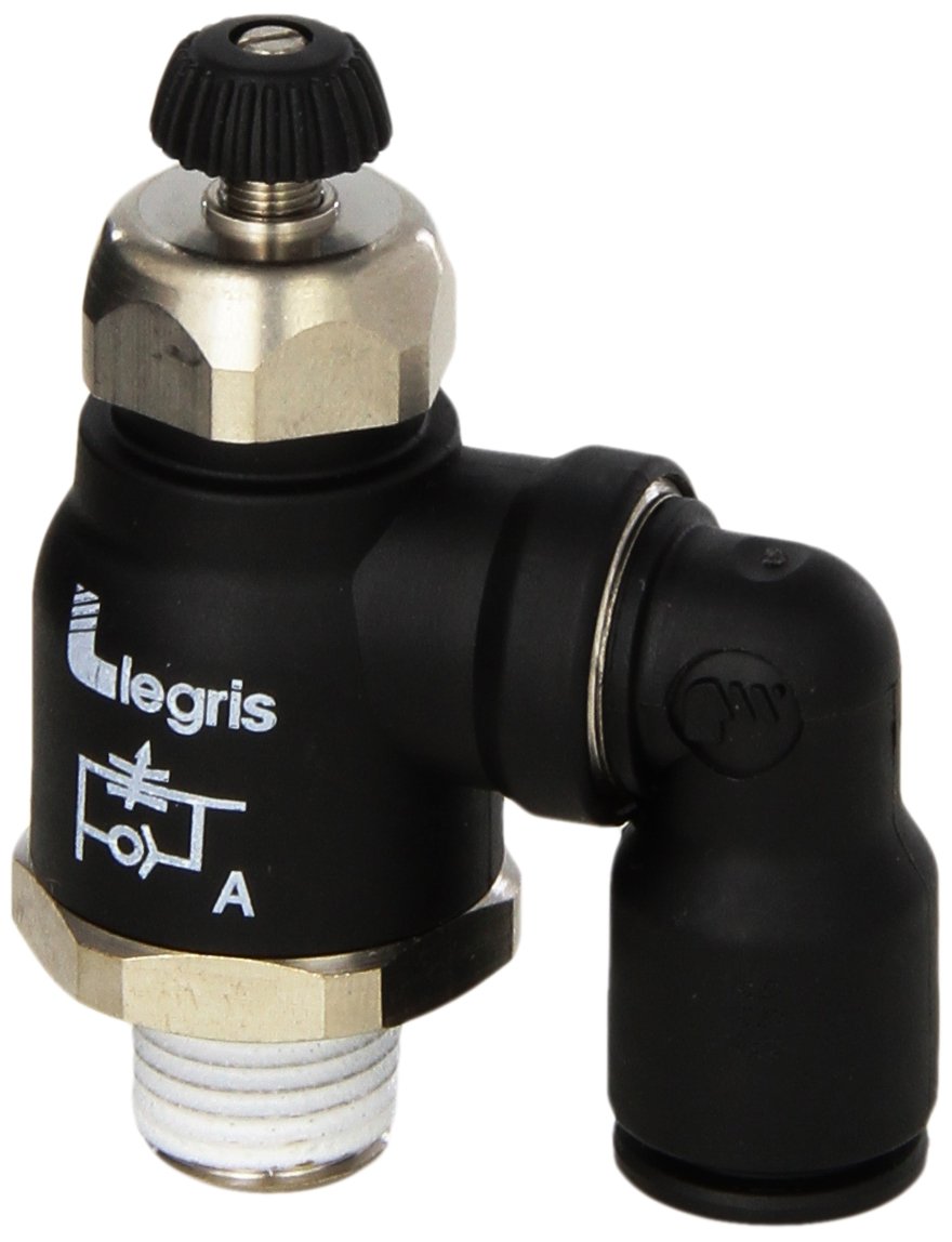 Legris 7045 60 14 Nylon Air Flow Control Valve, 90 Degree Elbow Swivel, Meter-Out, Knob, 3/8" Tube OD x 1/4 NPT Male