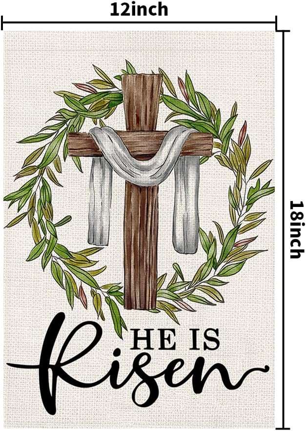 He Is Risen Easter Garden Flag 12x18 Inch Double Sided Burlap, Cross Wreath Sign Small Yard Outside Decoration DF443 - Image 7