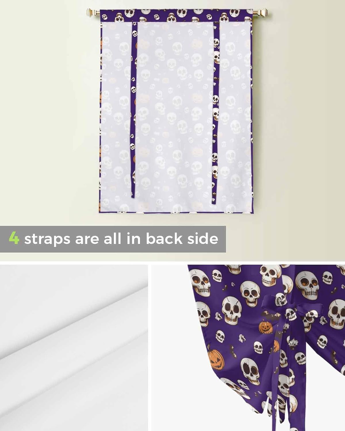 Tie Up Curtains for Windows, Halloween Horror Skull Kitchen Curtain Adjustable Balloon Window Shades, Pumpkins Bats Purple Valance Curtains for Living Room/Bedroom/Cafe 46"x63"