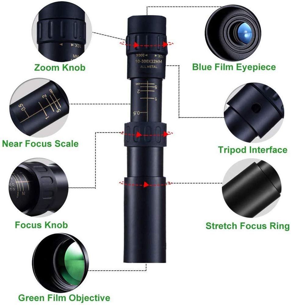 LYGXWJFC Monoculares para Adultos de Alta Potencia, telescopios, Zoom súper teleobjetivo de 10-300X32 mm para Viajes, observación de Aves, conciertos, Partidos de fútbol para observación de Aves para