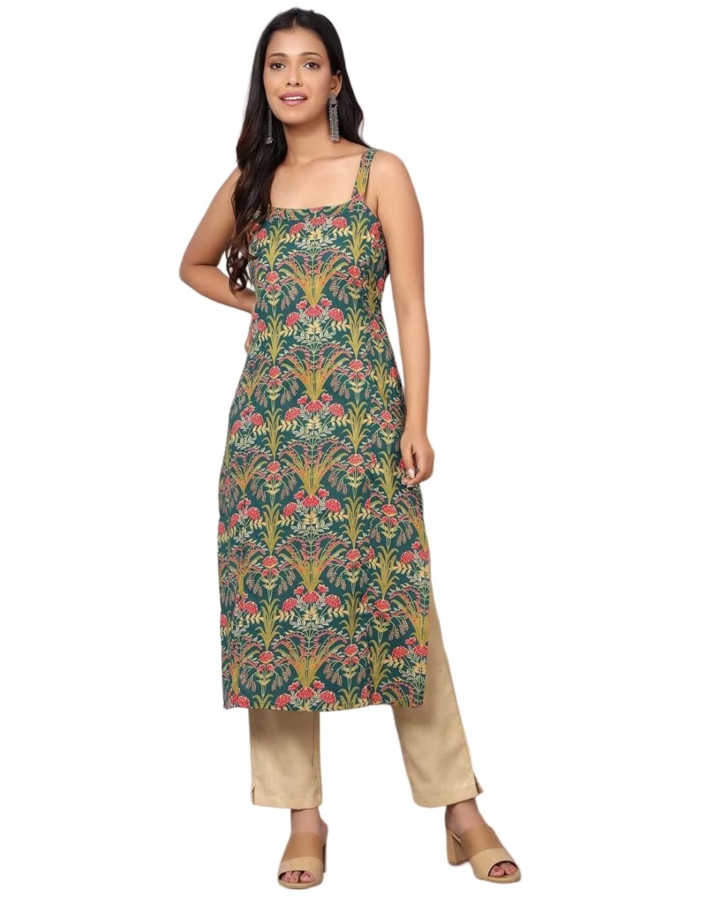 Patlani Women's Cotton Blened Sleeveless Printed Full Stitched Kurti.(K-199) Green