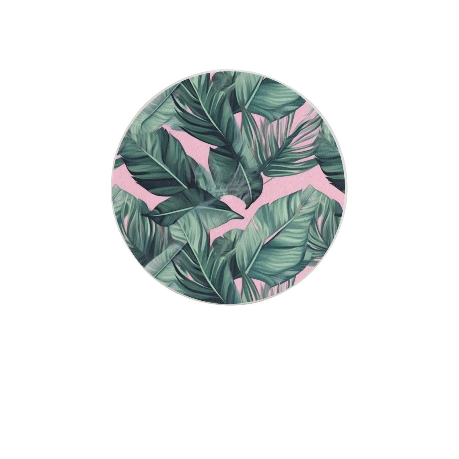 Green Palm Tree Leaves Absorbent Drink Coasters Diatomaceous Round Coaster 4 Inch Reusable Cup Coasters Set 4pc