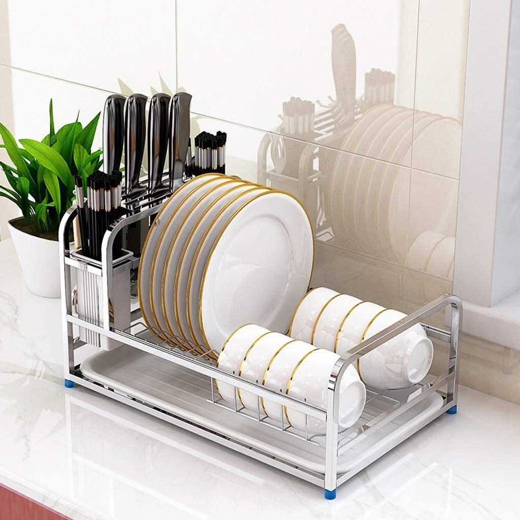 Rejilla para Platos, escurridor de Platos, Rejilla para secar Platos, escurridor de Platos para encimera de Cocina Rejilla para Platos de Acero Inoxidable con Bandeja de Drenaje de