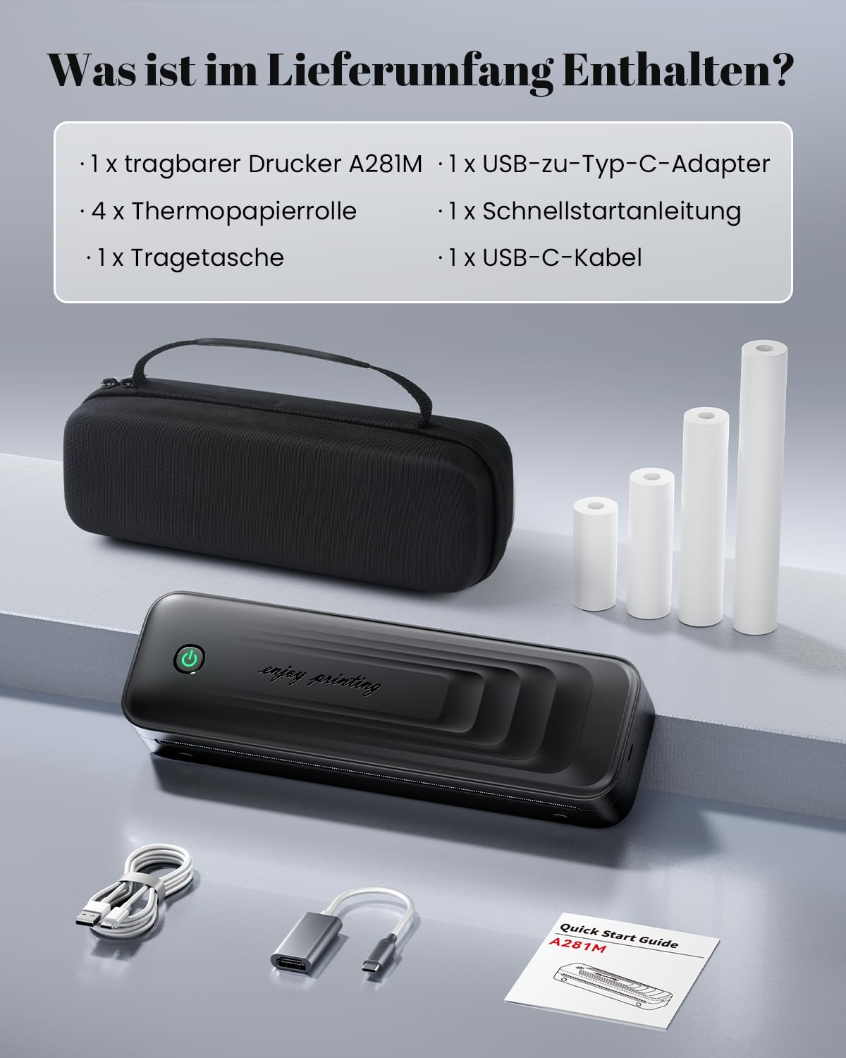 TATTMUSE Thermodrucker A4, Mobiler Drucker A4 für Unterwegs, Bluetooth Tragbarer Drucker für Fahrzeuge, Büro, Zuhause, Schule, Kompatibel mit iOS, Android, Laptop