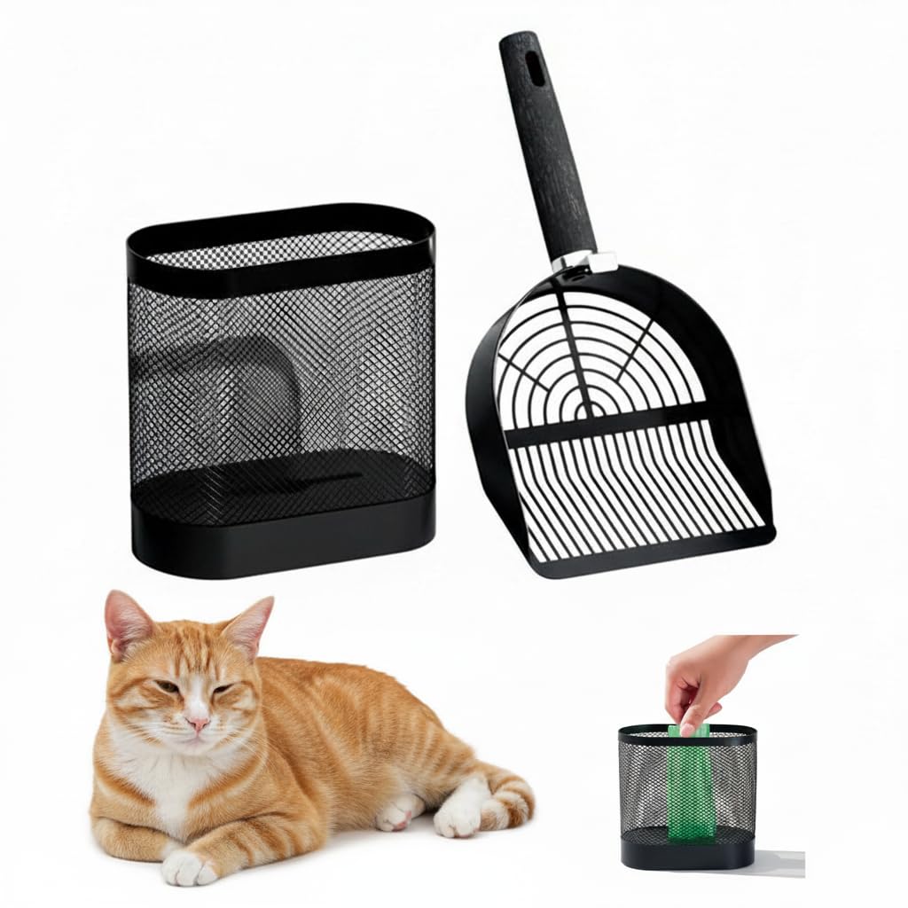 Pelle à Litière pour Chat en Métal avec Support, Set Pelle Litière Double Format, Panier de Rangement en Maille avec Distributeur de Sacs Caché, 3 Rouleaux Inclus, Facile à Nettoyer, Noir Antirouille