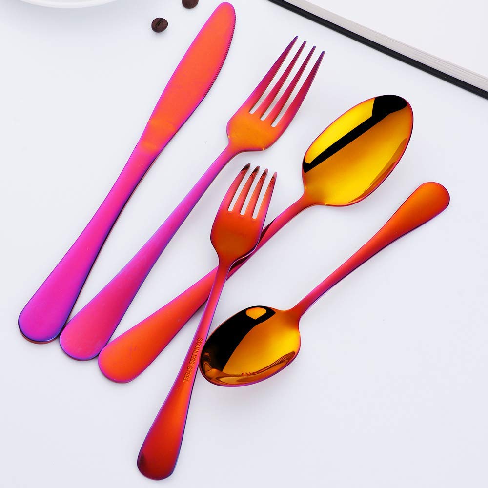 Buyer Star Regenbogenrot Besteck set für 4 Personen, Edelstahl Besteck Mehrweg Besteckset Messer Gabeln Löffel Geschirr set