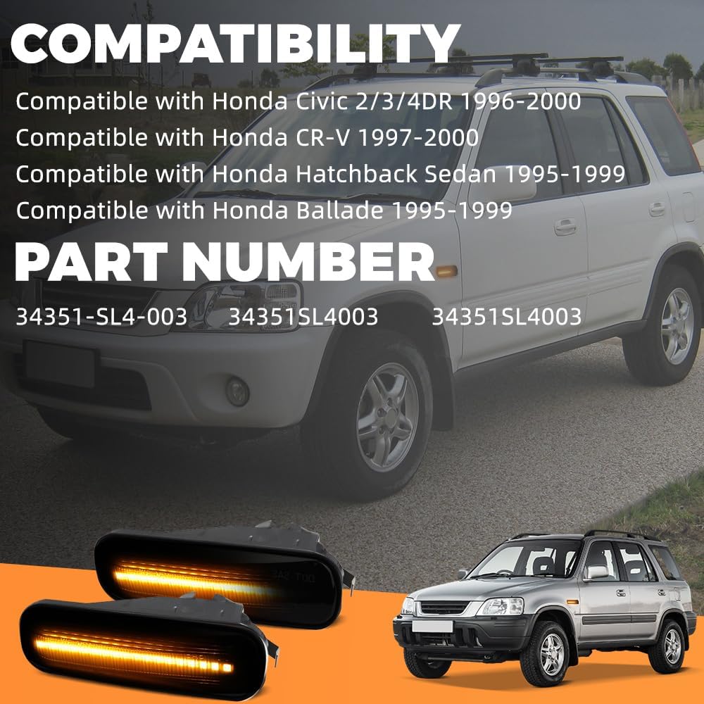 Amber LED Side Marker Lights, Compatible with Honda Civic 2/3/4DR 1996-2000, CR-V 1997-2000, 34351-SL4-003, 34351SL4003, Turn Signal Repeater Light, Smoke Cover Dynamic Amber Light