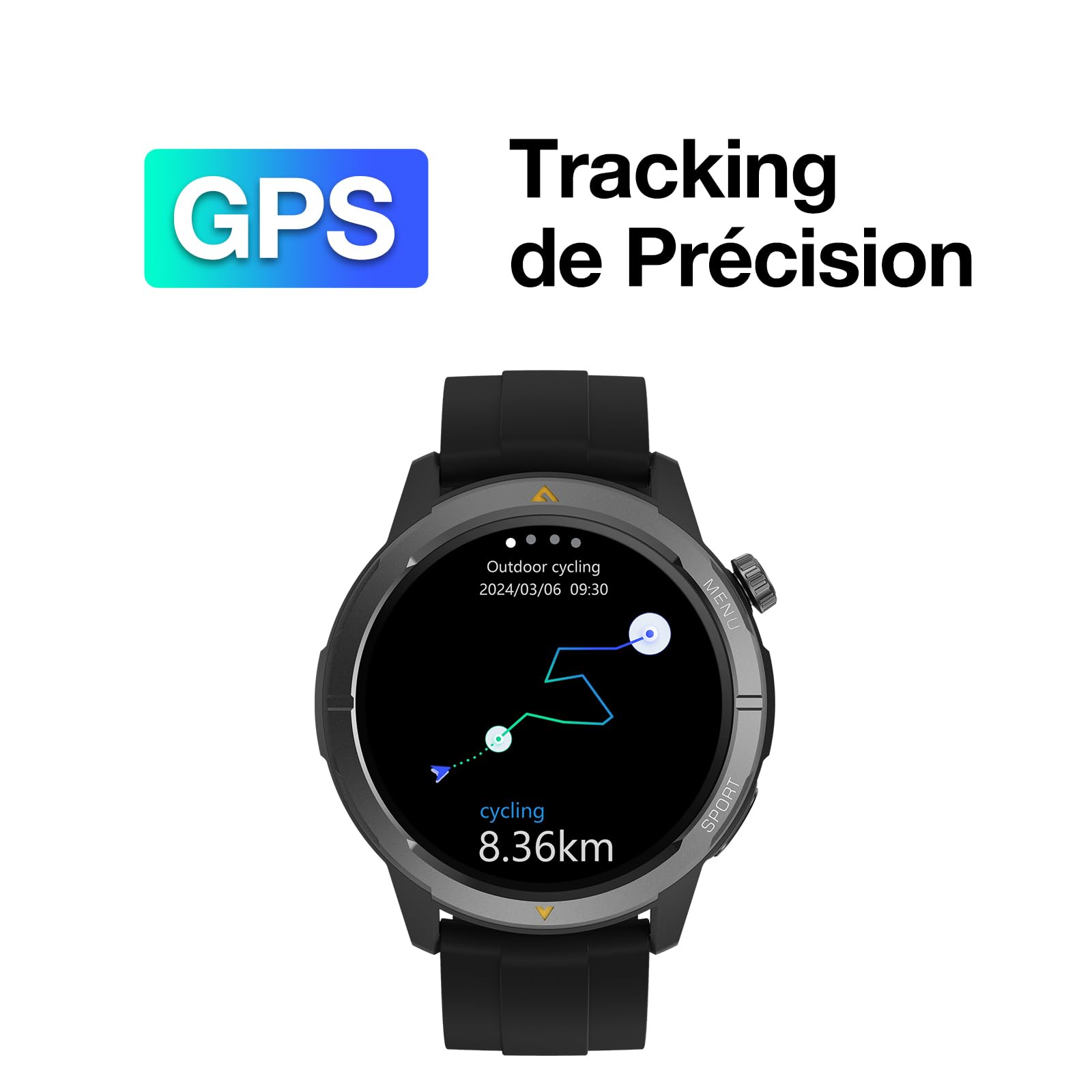 AGM Legion Montre intelligente pour homme avec GPS intégré, montre sportive circulaire 1,43", 5 ATM, appels Bluetooth, batterie 300 mAh pour course à pied et extérieur (Android/iOS) Noir