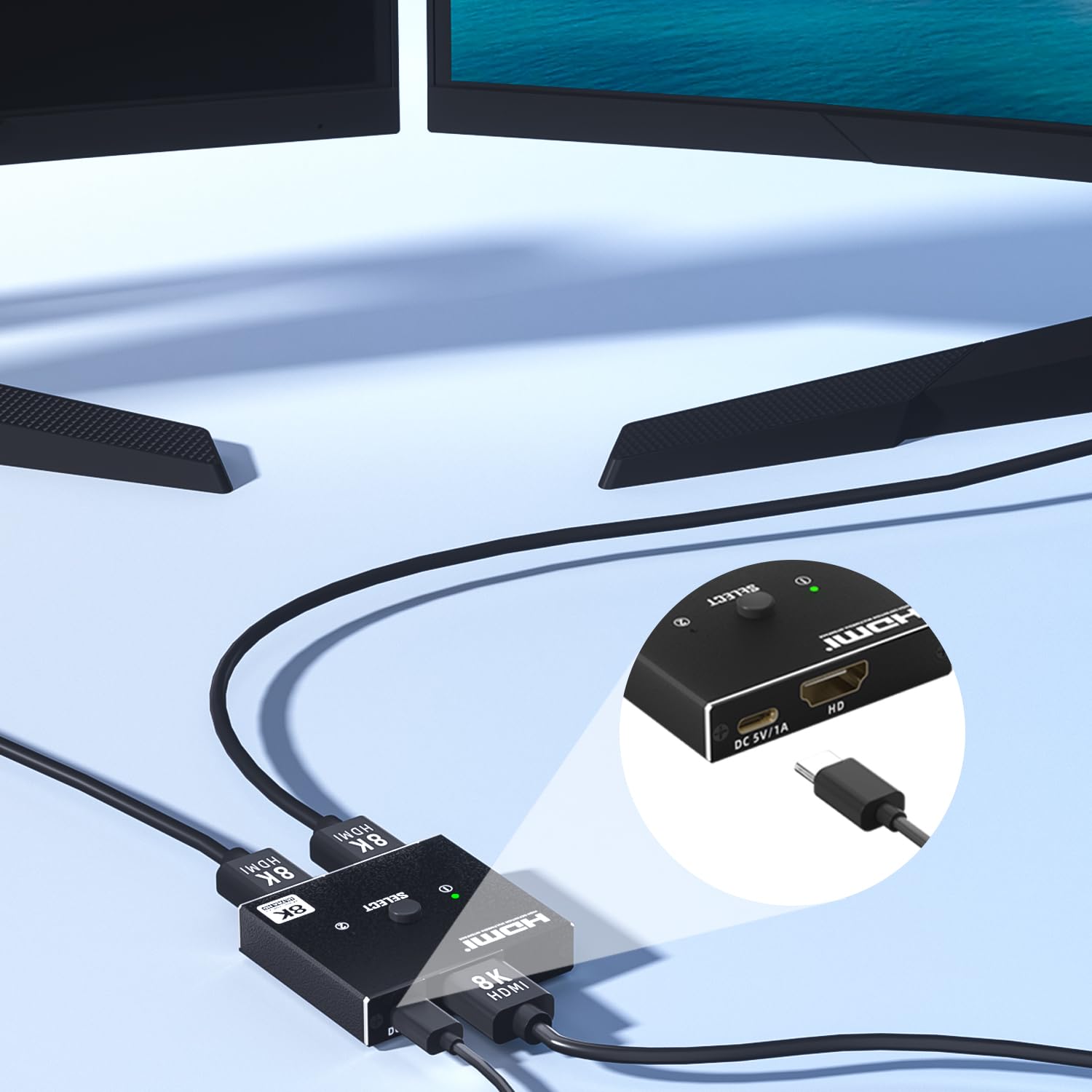 Commutateur HDMI 2.1 bidirectionnel 8K – Commutateur 2 en 1 de sortie/répartiteur 1 en 2 prend en charge 8K @ 60 Hz et 4K @ 60 Hz, 48 Gbit/s, 4:4:4 bits, commutateur haute résolution UlrtaHD entre 2