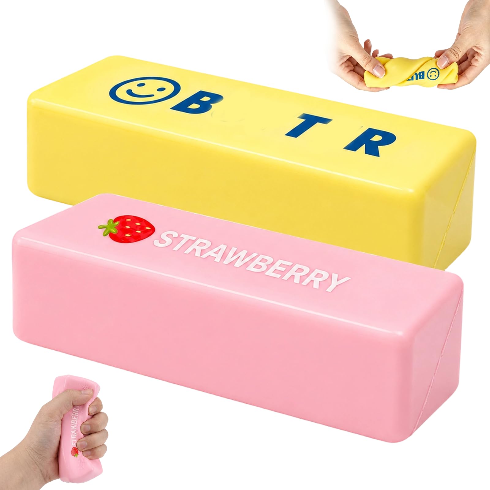 Pink Butter Squishy, Strawberry Squishy Sensory, Giant Butterr Squishys Stress Relief for Office and Classroom, Soft Squishys Butter Cheese Block, Two Large Butter Squishies Toys with Cute Designs