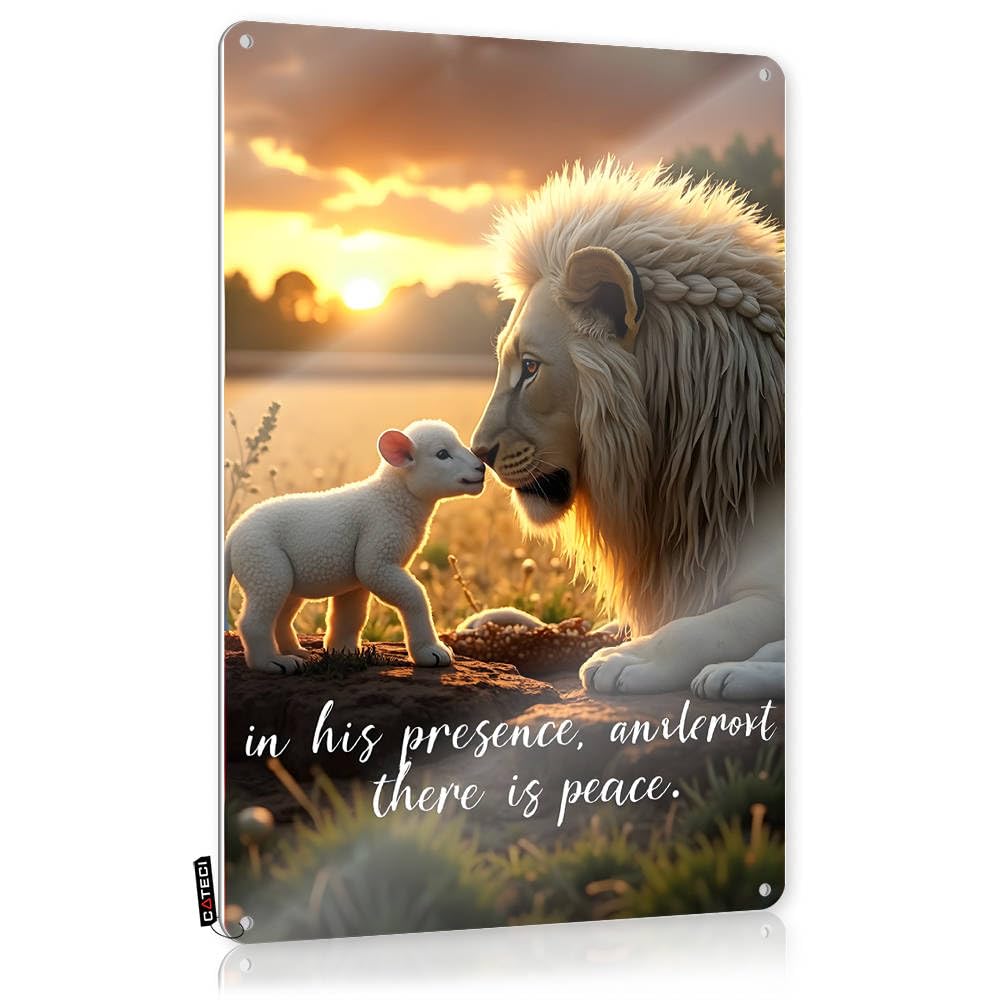Fzfn Men's Colour Wall Art Home Decor Ready To Hang - Peaceful Coexistence: Lion And Lamb At Sunset Designer For Deck(20X30cm)